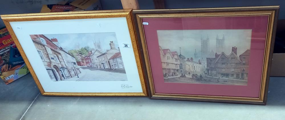 2 framed and glazed prints of Lincoln including signed Barton print of steep hill COLLECT ONLY