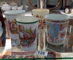 4 commemorative beakers, 3 china, 1 enamel Victorian 1837-1897 etc