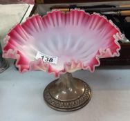 An Edwardian pink glass comport on epns base 19cm x 14cm