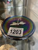 Glass iridescent paperweight with silver dragonfly by K. Heaton diameter 10cm, height 2cm