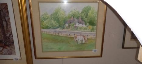 A framed and glazed watercolour of horses in a field signed Olivia Woodward, COLLECT ONLY