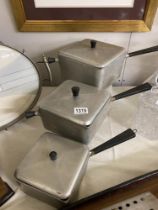 3 vintage Daleware aluminium cubist square saucepans with lids