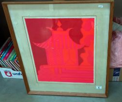 A framed and glazed abstract pagoda picture by K. Lee COLLECT ONLY