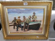 A gilt framed oil on board Cornish painting of fishermen signed G Cartwright MM. COLLECT ONLY.