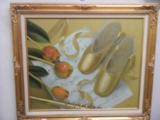 B. Peterson (20thC) Oil on canvas still life in gilt frame, flute, roses, ballet shoes and