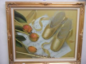 B. Peterson (20thC) Oil on canvas still life in gilt frame, flute, roses, ballet shoes and