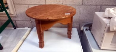 Late 19c/early 20c pine low table on 3 legs diameter 47cm, height 33cm COLLECT ONLY