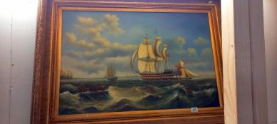 A gilt framed oil on canvas painting of a battleship ship, frame 120 x 86 cm, image 90 x 60 cm,