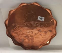 A Cornish copper arts and crafts tray depicting a fish and a boat, unsigned but attributed to