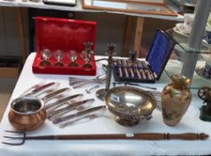 A silver plated candelabra, fruit bowl, flatware cutlery including boxed set etc