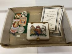 A 1953 Coronation Commemorative glass cigarette / card case and a quantity of badges and Queen