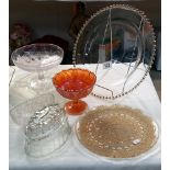 Vintage glass jelly mould, carnival glass comport and other glassware