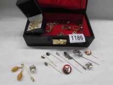 A box of costume jewellery including hat pins, silver & pearl earrings etc.,