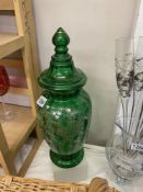 A large Victorian overlaid green glass lidded vase Height 44cm COLLECT ONLY