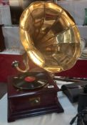 A reproduction horn gramophone, working when tested COLLECT ONLY