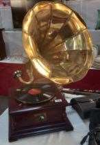 A reproduction horn gramophone, working when tested COLLECT ONLY