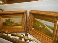 Two gilt framed oil on board rural scenes signed G Roy and Heind? image 39 x 19 cm, frame 67 x 47