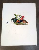 A watercolour of cockerel and bird (some foxing to paper)