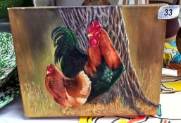 Acrylic on canvas cockerel and hen titled 'me and my girl' by D E Reed 30cm x 24cm
