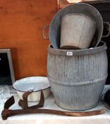 A vintage galvanised washing dolly, pail, bucket, enamel bowls, boot last etc COLLECT ONLY