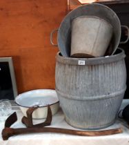 A vintage galvanised washing dolly, pail, bucket, enamel bowls, boot last etc COLLECT ONLY