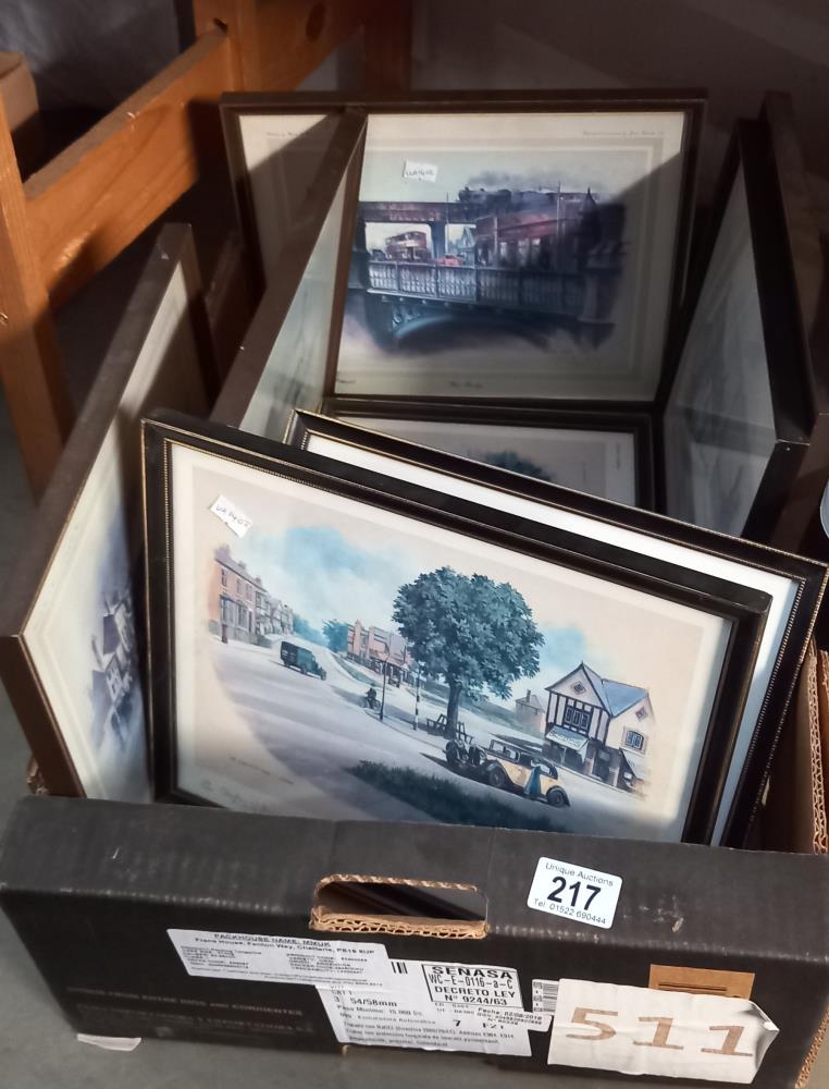 Eight framed and glazed prints including London scenes, COLLECT ONLY