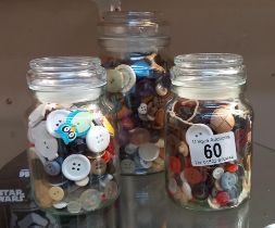 3 glass jars of vintage buttons