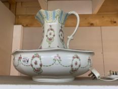 A Whieldon ware jug and bowl set (small a/f to jug) COLLECT ONLY