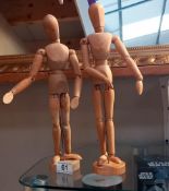 2 jointed wooden artists figurines height 33cm