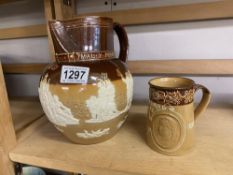A Doulton Lambeth1837 Queen Victoria stoneware Jasperware jug and a coronation mug 1837-1897