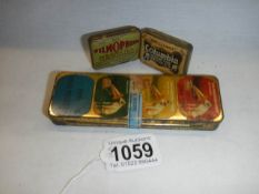 A rare and unusual metal gramaphone needle case with needles and two others.