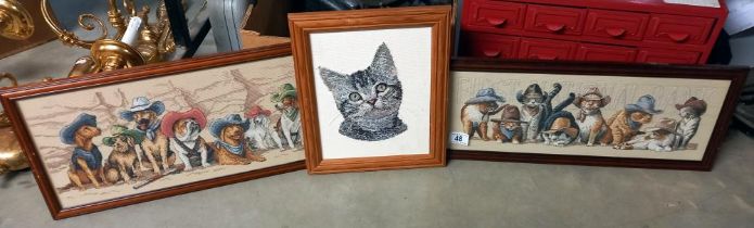 2 framed tapestries of cowboy cats and dogs