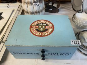 A Sylko Dewhurst 3 drawer cotton reel sewing box with approximately 80 reels of cotton