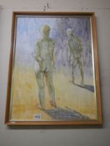 A.J. Hawsworth (20thC) Mid-century oil on board painting of modernist male & female nudes. Artist'