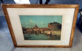 A framed and glazed print River Tiber scene, Rowe, Italy (Pont Sant Angelo) COLLECT ONLY