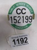 A Public Service Vehicle conductor's badge No. CC152199.