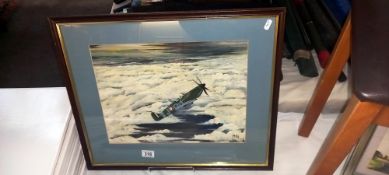 A framed and glazed board of a Spitfire in the clouds, signed M.A.S. COLLECT ONLY