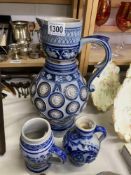 2 German blue glazed stoneware jugs and a tankard