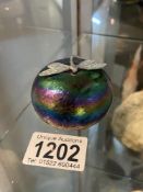 Glass iridescent paperweight with silver dragonfly by K. Heaton diameter 6cm, height 4cm