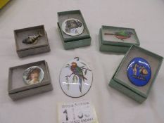 Five enamel brooches and a pendant.