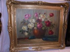 A framed still life oil on board, late 19/early 20th century in later frame. COLLECT ONLY.