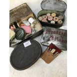 Collection of 5 old Vintage tins. 1 with puzzle pieces (A/F) and 1 with yarn. Also vintage pouch