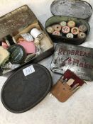 Collection of 5 old Vintage tins. 1 with puzzle pieces (A/F) and 1 with yarn. Also vintage pouch
