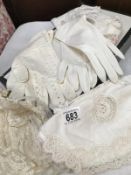 Two evening gloves and 3x decorative tissue box covers