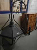 A Hexagonal 'gas lamp' with original ornate bracket and 6 replacement perspex panels.