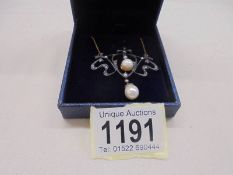 Ornate 9ct yellow and white gold necklace set with diamonds, pearls and seed pearls, boxed