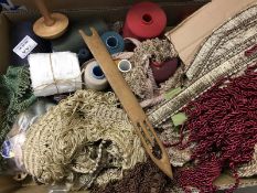 A quantity of sewing threads and haberdashery items including wooden shuttle and darning mushroom