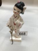 Vintage ceramic Japanese girl figurine tape measure 1950's