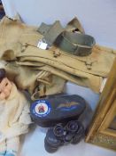A quantity of WW2 Hessian items and a cased pair of binoculars.
