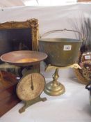 A brass jam pan, brass trivet and a set of scales, COLLECT ONLY.